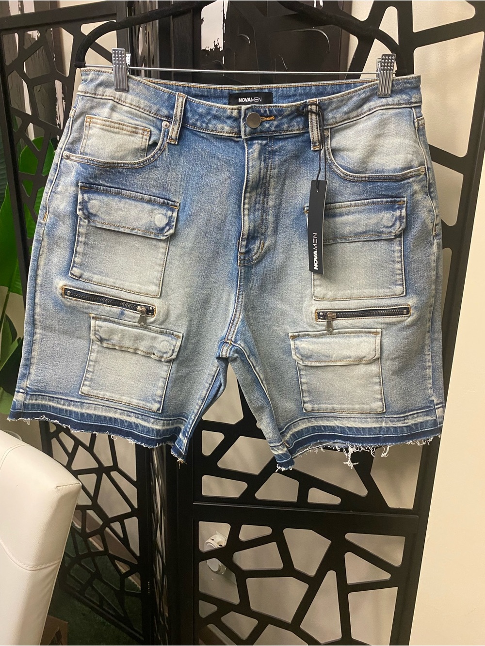 Fashion Nova Men Light Blue Distressed Cargo Denim Shorts